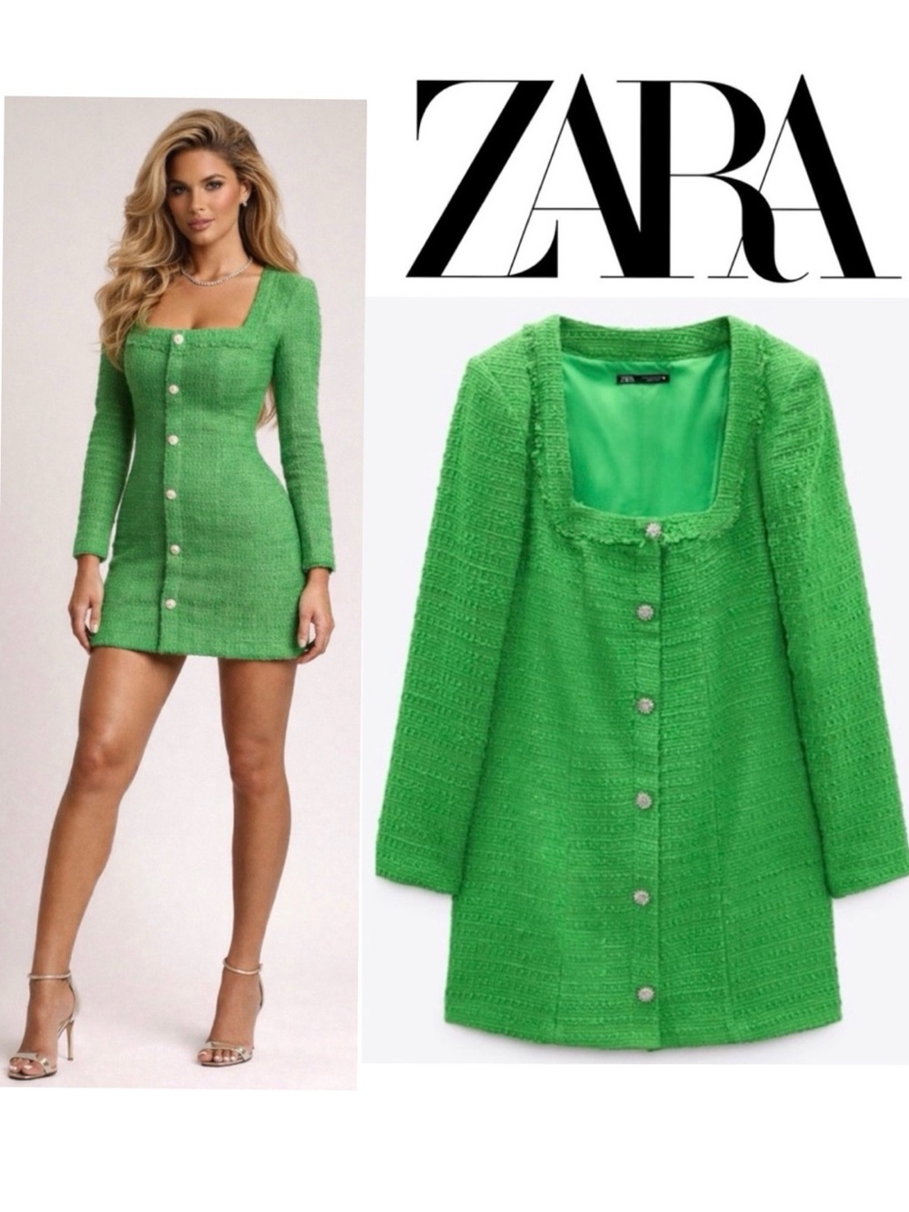 ZARA Kelly Green Textured Tweed Mini Dress Jewel Buttons NWT S Blogger Favorite
